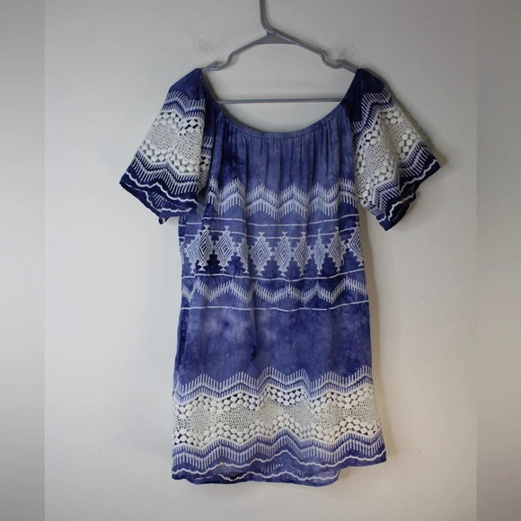 La Blanca Designer Tie-Dye Lace-Trim Off-the-Shoulder Mini Dress - Blue, Small - Picture 2 of 7